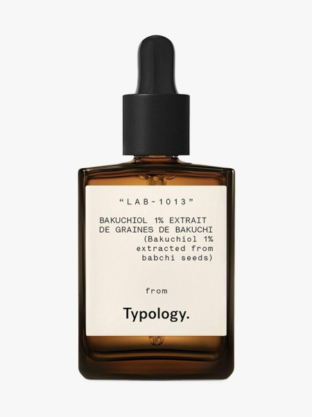 Typology Serum Imperfections Bakuchiol 1% in branded dropper component on a light gray background